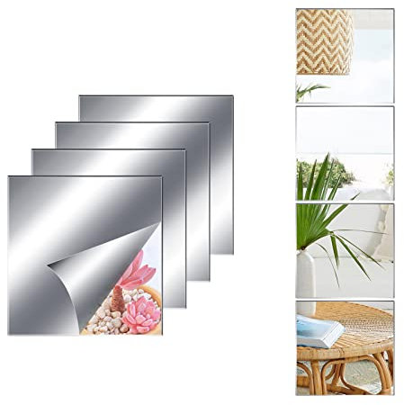JMITHA Selbstklebende Fliesenspiegel 4 Stück 20.5x20.5cm Spiegelfliesen Selbstklebend 2mm HD DIY Acrylic Wandspiegel Klebespiegel Wanddekoration Spiegel Zum Aufkleben Klebespiegel für die Wand