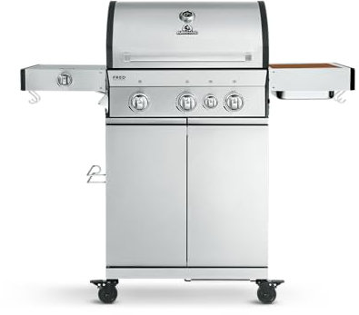 BURNHARD 3-Brenner Gasgrill FRED Deluxe Series 3 inkl. Backburner, 900°C Infrarot-Keramikbrenner, Seitenkochfeld, Gusseisen-Grillrost, Grillabdeckung, Edelstahl Grillwagen + klappbare Seitentische