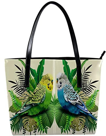 Schultertasche, leicht, lässig, Schultasche, Lehrertasche, Handtasche, Geldbörse, grün, blau, Wellensittich in Blättern, Paar, Mehrfarbig