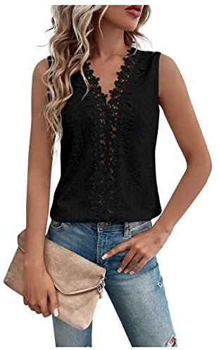 Vasreyy Tank top Damen kurz unterhemden Damen Damen Bluse bunt Einfarbig Spitze Patchwork Cutout Weste Tops Tank Top Sommer Casual Basic Ärmellos V-Ausschnitt Unterhemden Bluse schwarz (Schwarz, XL)