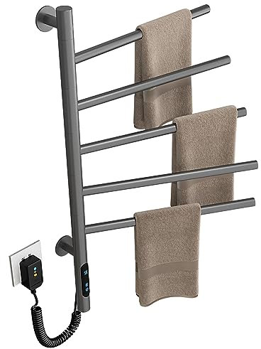 LCD Touch Scaldasalviette Elettrico Ruota di 180°,Programmabile 4 Modalità Intelligenti Scaldasalviette Termoarredo Bagno 85W,Tempistiche 1-9 Ore,Regolazione Della Temperatura 30-70°, 420x660mm,Grigio