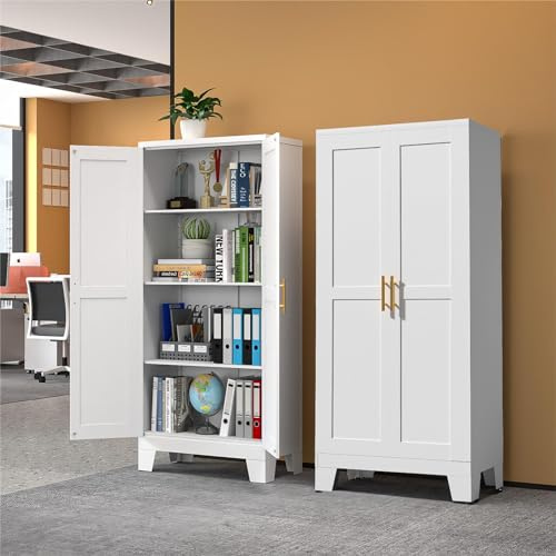 RISTERN White Metal Storage Cabinet, 61 Steel Cabinets for Home Office, Kitchen Pantry Storage Cabinet with Doors and 3 Adjustable Shelves, Tool Cabinet, for Office, Home, Garage, School