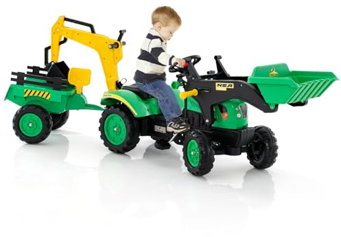 COSTWAY 3 en 1 Tractopelle Enfant avec Pelle & Remorque Amovible (Vert) | Tracteur à Pédales Enfants avec Volant & 6 Pneus Durables, Charge 35kg, Pelleteuse pour Enfant de 3-6 Ans