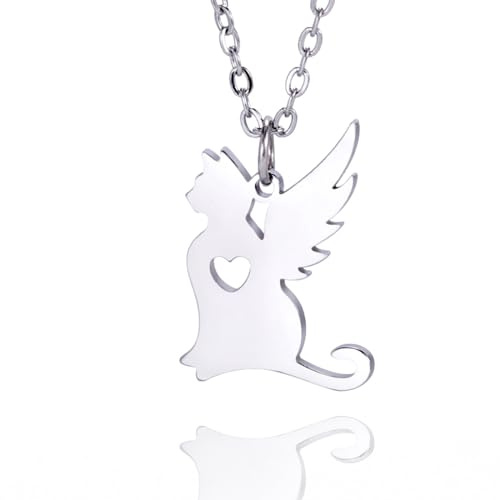 TEAMER Collier de chat en acier inoxydable avec aile d'ange, pendentif en forme de cœur de chat, animal de compagnie, bijou commémoratif pour les amoureux des chats, pour les femmes (Argent)