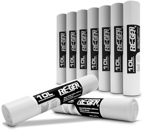 500 Pack (10 Rolls) RE-GEN 10L White Swing, Pedal, Square Bin Liners Refuse Sacks |Everyday, Office & Home Use | Industrial Strength Rubbish Garbage Bags 279/430 x 457mm