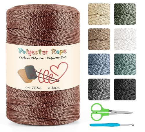 Polyesterrep, makramégarn 2 mm x 250 m premium polyester makramérep polyester för gör-det-själv hantverk heminredning stickade varor (koppar)