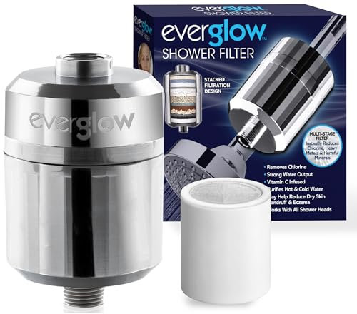 EVERGLOW High-Output Shower Filter, Reduces Chlorine, Dry Skin, Dandruff, Eczema, Heavy Metals and Vitamin C Infused for Dandruff and Softens Hard Water, 4.7”, Chrome