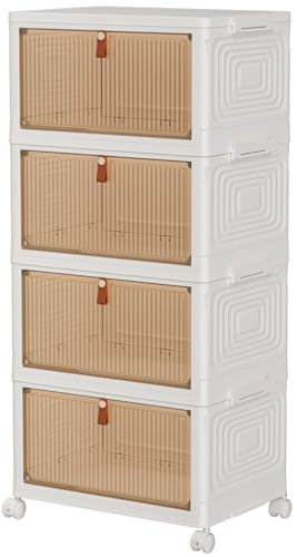 TidyTrove Storage Boxes with Lid, Plastic Storage Boxes with 1 Lid 23L/Tier, 4-Tier Stackable Bins with Wheels, Folding StorageBins, Storage Organizer for Bedroom Living Room Study Office