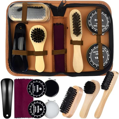 SQAQS 8PCS Kit per Lucidare le Scarpe, Bagagli Marroni, Kit Lustrascarpe, Manutenzione e Pulizia per Scarpe con Elegante Custodia, Lustrascarpe da Viaggio, Kit Spazzola Lustrascarpe
