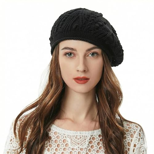 ZLYC kvinnor sommar stickad basker handgjord virkad utskärning lätt slouchy hatt, Stickad svart, en storlek