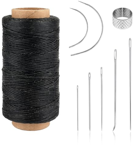 Ledergarn Ledernadel, Sattlergarn Gewachst, Reißfest Wachsfaden 150m | mit Sattlernadel und Fingerhut, Leder Faden für Lederhandwerk Buchbinden Nähen Reparieren Schmuck