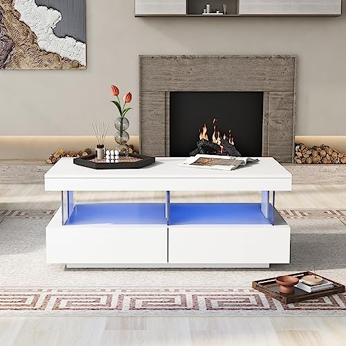 Merax Hochglanz Couchtisch mit LED-Beleuchtung und Acrylplatten – Moderner Sofatisch für Wohnzimmer – Langlebig, Kratzfest und praktisch Weiß