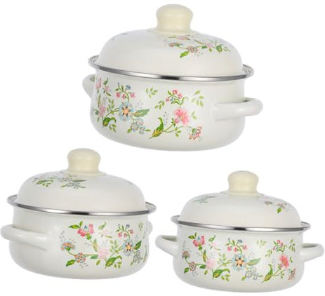 Garneck 3pcs Mini Soup Pot Retro Flower Design Small Enamel Stock Pot for Stovetop Cooking Includes Lid and Handles for Small Meals and Kitchen Decor