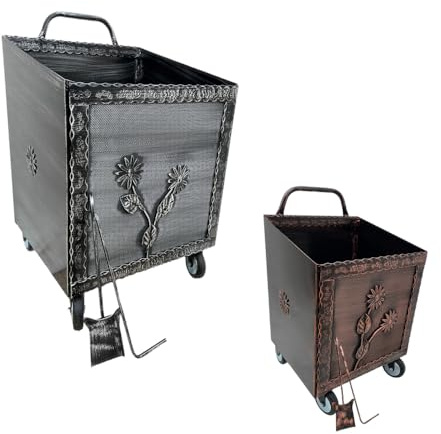 ANGELO PEGORARO Large Firewood Trolley with Wheels with Margherita Design Brushed Copper and Brushed Grey (Brushed Grey)