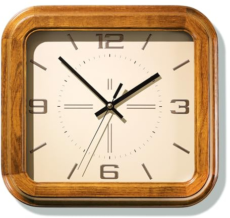 AYRELY® Rectangular Wooden Wall Clock – 12.8 W x 11.6 H (16 Diagonal) Vintage Elm Wood Frame, Metal Dial – Battery Operated Decorative Clock for Living Room, Kitchen, Office