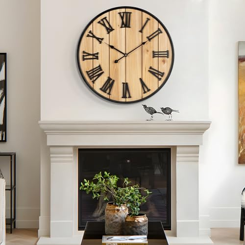 Henescribe Large Wall Clock 16IN, Silent Metal Wood Style Wall Clocks Battery Operated for Living Room Decor, Farmhouse Big wall Clock, Outdoor