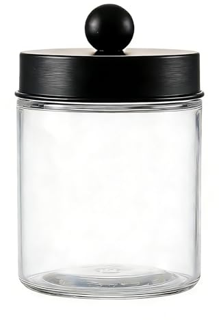 280ml/9.3oz Transparent Glass Vanity Canister Jar With Black Stainless Steel Lid Cotton Buds Dispenser Holder Bathroom Organizers Storage Container for Bath Salts Cotton Swabs Makeup Sponges