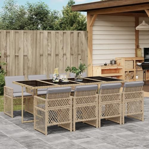 IKAYAA Polyrattan Gartenmöbel Set für 8 Personen, Garten Sitzgruppe, Essgruppe, Gartengarnitur, Rattan Sitzgarnitur, Gartentisch mit 8 Stühle & Kissen Beige und Grau