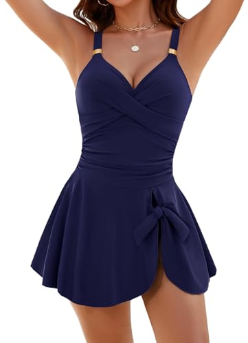 Nadeer Traje de Baño Una Pieza para Mujer Bañadores Reductor Cuello en V Push Up Swimdress Cintura Alta Vientre Plano Swimwear para Playa Piscina Vacaciones