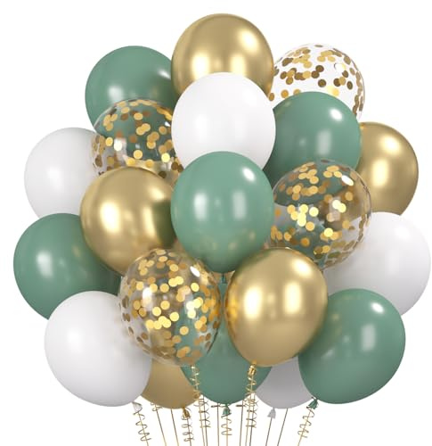 Luftballons Grüne, 60 Stück Retro Olive Salbei Grün Luftballon, Metallic Gold Konfetti Ballons, Weiß Helium Ballon für Geburtstag Hochzeit Baby Shower Taufe Jubiläum Babyparty