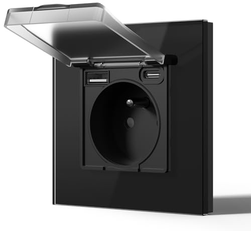 BSEED Prise Electrique avec USB et Type C Etanche, Prise Murale en Verre, 16 Amp 240V Alternatif, Commutateur avec couvercle étanche Convient pour la salle de bains, la cuisine, 86MM Noir