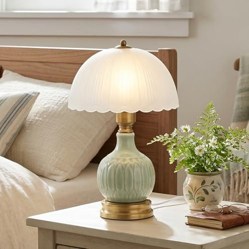 HvKvHvY Vintage tischlampe glaviert Glas, moderne Keramik Tischlampen für Schlafzimmer, Retro Nachttisch traditionelle Lampen, klassische Chinoiserie grüne Lampe für Heimdekor(03)