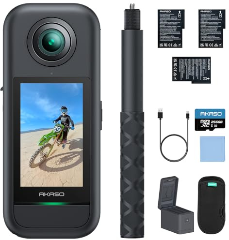 AKASO 360° Action Cam Creator-Set - 5.7K 72MP 360 Grad Actionkamera mit 256GB Speicherkarte Duale 1/2 48MP Sensoren, 2.29'' Touchscreen, Unsichtbarer Selfie Stick, 360° Horizon Lock und AI-Verfolgung