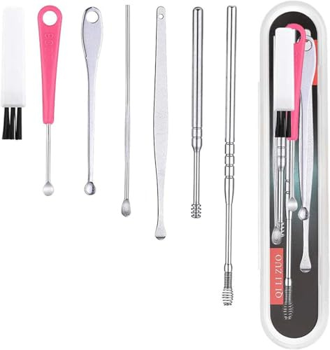 Kit de Limpieza de Oídos, 7 Piezas, Herramientas de Extracción de Cerumen con Estuche y Cepillo