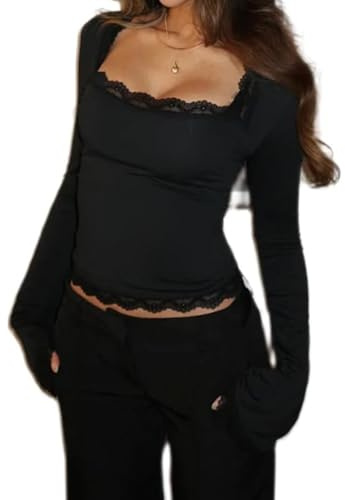 T-shirt Y2K avec bordure en dentelle et col carré pour femme - Manches longues cloches - Coupe ajustée - Haut court basique - Chemisier féérique - Esthétique - Streetwear, a-noir, M
