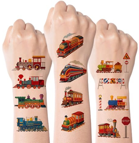 Kotkiddy 76 Piezas Vintage Tatuajes Temporales de Tren para Niños y Niñas, Decoración de Fiesta, Regalos, Pegatinas para Cumpleaños, Transporte Ferroviario, Locomotora Re