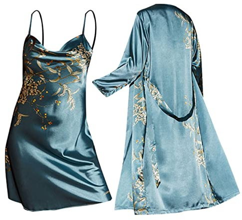 Eauptffy 2 piezas de ropa de dormir para mujer, elegante bata con camisón de dos piezas, tirantes finos, juego de bata de satén para novia, albornoz largo y sexy, O Verde, S