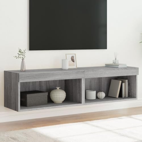 Festnight Mueble TV Suspendido con Luces LED Mesa TV Flotante 60x30x30 cm Mueble TV Colgante Mueble de Salón Suspendido con Compartimientos Gris Sonoma 2 uds