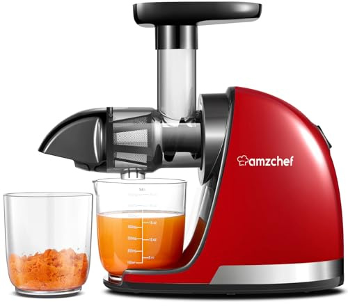 AMZCHEF Entsafter Slow Juicer Gemüse und Obst – Testsieger Saftpresse Elektrisch mit Rückwärts-Kau-Funktion – Zartes Zerkleinern, Einfach zu Reinigen mit Bürste & 2 Tassen – Rot