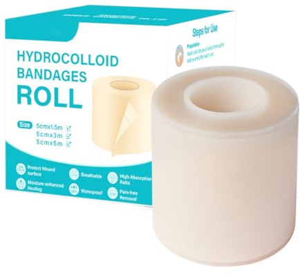 AEIXYA Cerotti Idrocolloidali Rotolo, Autoadesivi Impermeabili e Traspiranti per Ferite, Vesciche, Tagli, Graffi e Brufoli, Medicazione Idrocolloide Ipoallergenica Senza Lattice (5cm x 1.5m)