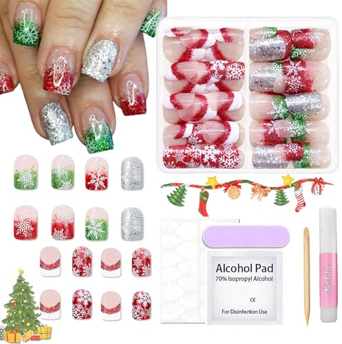 Lot de 48 faux ongles courts à coller - Motif flocon de neige - Couverture complète - Brillant - Pour femmes et femmes (48 pièces, rouge français)