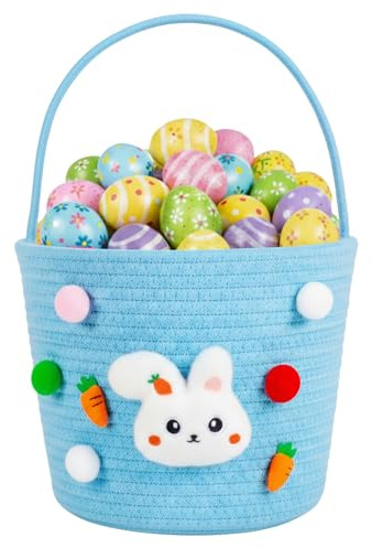 powerking Bunny Easter Basket Bags with Handle, Cotton Rope Egg Hunt Buckets Rabbit Design Portable Tote for Candy Storage, Gifts, Party, Home Decoration, Storage Organize, Blue