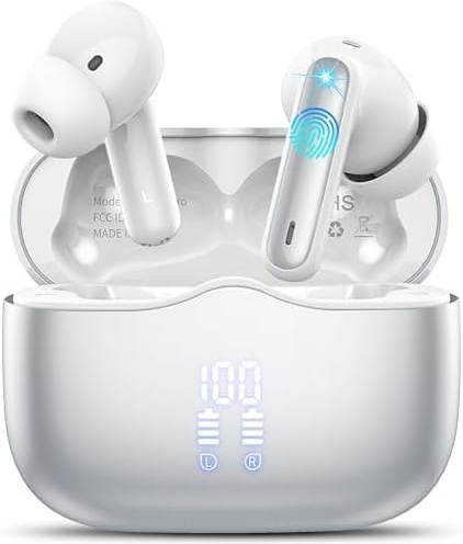 Wireless Earbuds, 2026 Bluetooth 5.4 Headphones in Ear with HiFi Stereo, Bluetooth Earphones with 4 Noise Cancelling Mic, 40H Playtime, LED Display, IP7 Waterproof Bluetooth Earbuds, USB-C, Silvery
