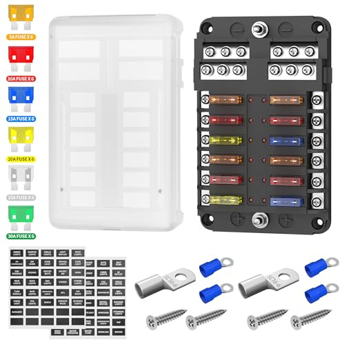 Joinfworld 12 Fach KFZ Sicherungshalter,12v Sicherungskasten Flachsicherung ATC/ATO,Sicherungskasten kfz with LED Indicator,Kunststoffabdeckung,für DC12V/24V Auto LKW Boot VAN Marine Fahrzeug(12 Fach)