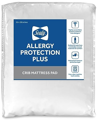Sealy Baby Allergy Protection Plus Fitted Waterproof Infant Crib Mattress Protector Pad and Toddler Bed Cover, Durable & Comfortable Topper, Machine Washable and Dryer Friendly, 52” x 28”- White
