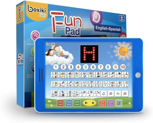 Spanish-English Tablet Bilingual Educational Toy with LCD Screen Display by Boxiki Kids. Touch-and-Teach Pad for Kids Learning Spanish and English. ABC Games, Spelling, “Where Is?” Games, Fun Melodies