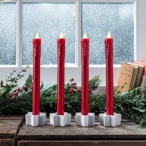 Lights4fun Set of 4 Red Wax Battery Operated Flameless LED Taper Candles with Remote Control