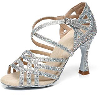 MINITOO Damen Tanzen Schuhe Tanzschuhe Latein Salsa Glitzer Sandalen L357 Silber EU 41