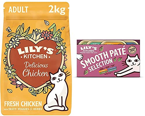 Lily's Kitchen Everyday Favourites Wet Cat Food (4 Packs x 8 Trays x 85 g) and Delicious Chicken Dry Cat Food (2 kg)