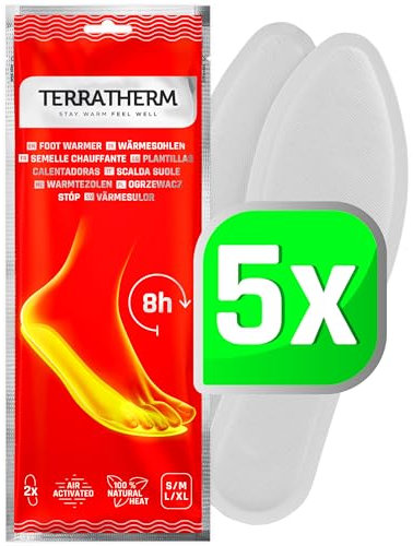 TerraTherm Insole Foot Warmers - Air Activated - 8 hours of warm feet - 5, 10 or 30 Pairs Heated Insoles - 100% natural warmth - 5 Pairs XL