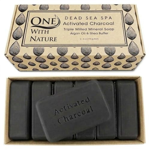 One With Nature Activated Charcoal Soap 4oz 6-Pack Gift Box – Detoxifying and Exfoliating Charcoal Soap Bar with Dead Sea Salt for Face & Body, for Men & Women