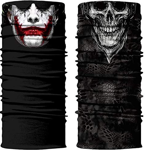 ShopINess Pack mit 2 Unisex Halswärmer Neckwarmer Multifunktions Schlauchtuch Totenkopf für Motorrad Bikes Sport Festival Halloween Karneval Totenkopf Design - Weißer + Joky