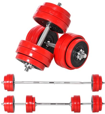 HOMCOM Juego de Mancuernas 30 kg Ajustables 2 en 1 2 Barras Negro y Rojo | 12 Discos, Biela Ajustable, Entrenamiento de Fuerza, Levantamiento de Pesas, Hogar Gimnasio Oficina