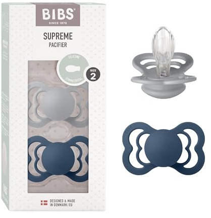 BIBS Ciuccio confezione da 2 pezzi. Privo di BPA, Tettarella simmetrica. Silicone, Prodotto in Danimarca. Taglia 2 (6-18 mesi), Cloud/Steel Blue