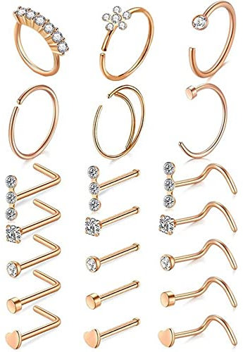Lieson 27 Stück Nasenring Piercing Edelstahl 20G Nasenringe Set Nasenstecker Blumen Herz Ohrstecker Zirkonia Piercing Septum Knorpel Tragus Helix Ohrringe Rosegold
