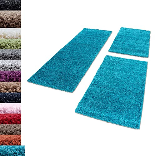 Carpettex Bettumrandung Schlafzimmer 3teilig Shaggy Teppich Hochflor Einfarbig Türkis Bettset:2 mal 80x150 + 1 mal 80x250 - Bettvorleger Schlafzimmer Läuferset Weicher Flauschig Bettumrandung Teppich